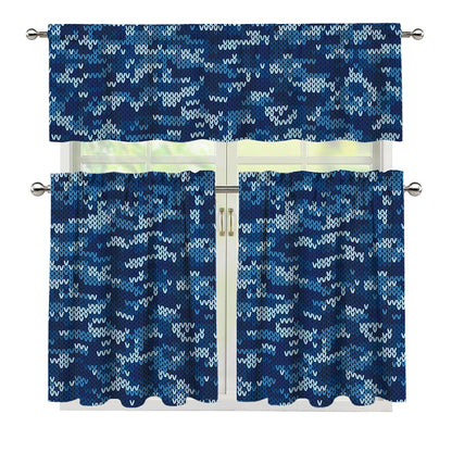 Blue Camouflage Knitted Pattern Print 3 Piece Kitchen Curtains