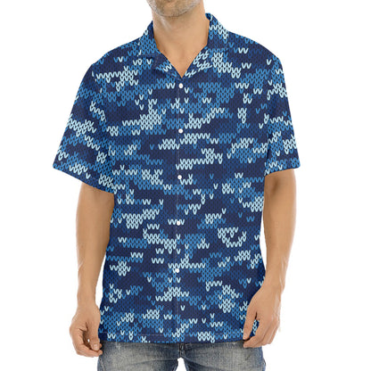 Blue Camouflage Knitted Pattern Print Aloha Shirt
