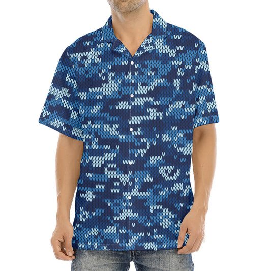 Blue Camouflage Knitted Pattern Print Aloha Shirt