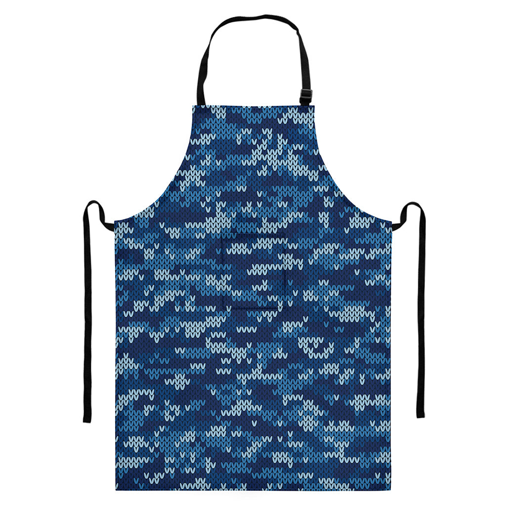 Blue Camouflage Knitted Pattern Print Bib Apron With Pocket