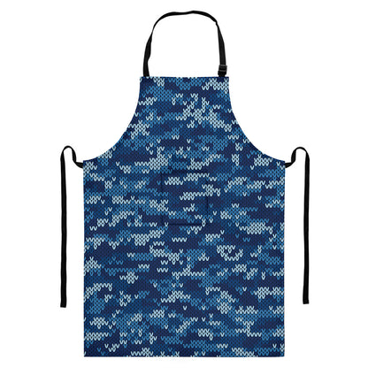 Blue Camouflage Knitted Pattern Print Bib Apron With Pocket