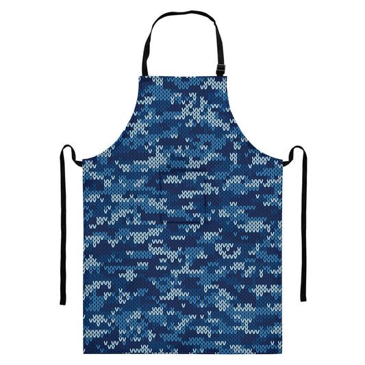 Blue Camouflage Knitted Pattern Print Bib Apron With Pocket