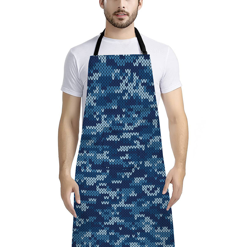 Blue Camouflage Knitted Pattern Print Bib Apron With Pocket