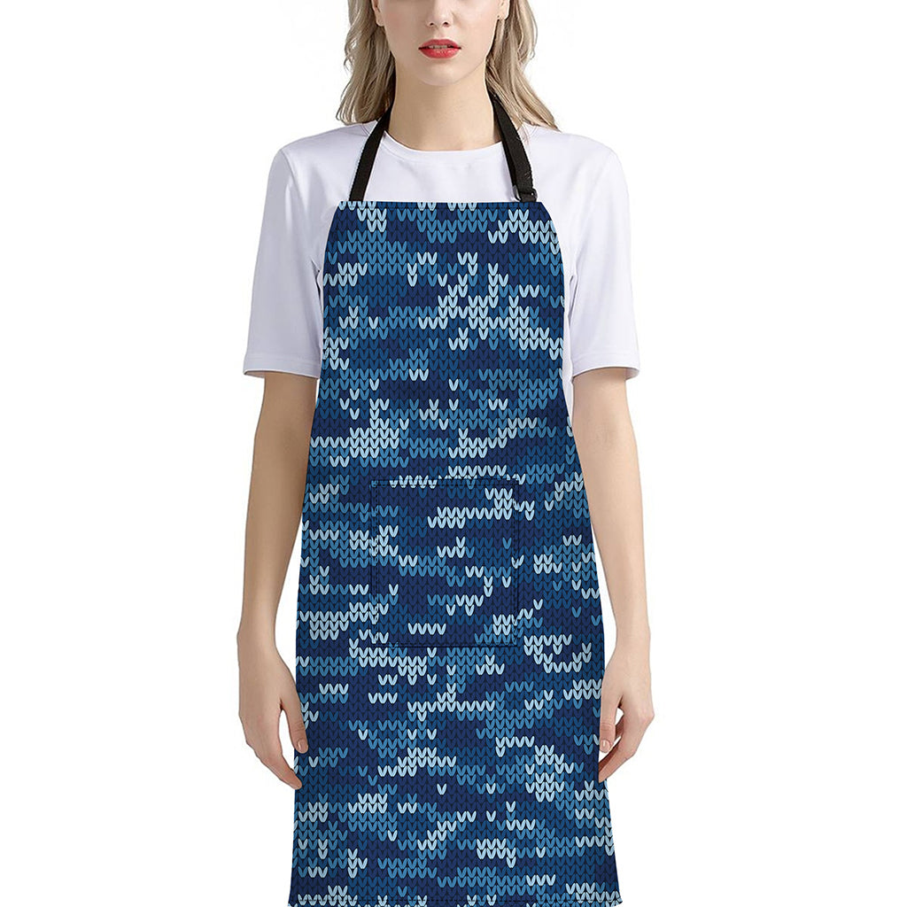 Blue Camouflage Knitted Pattern Print Bib Apron With Pocket