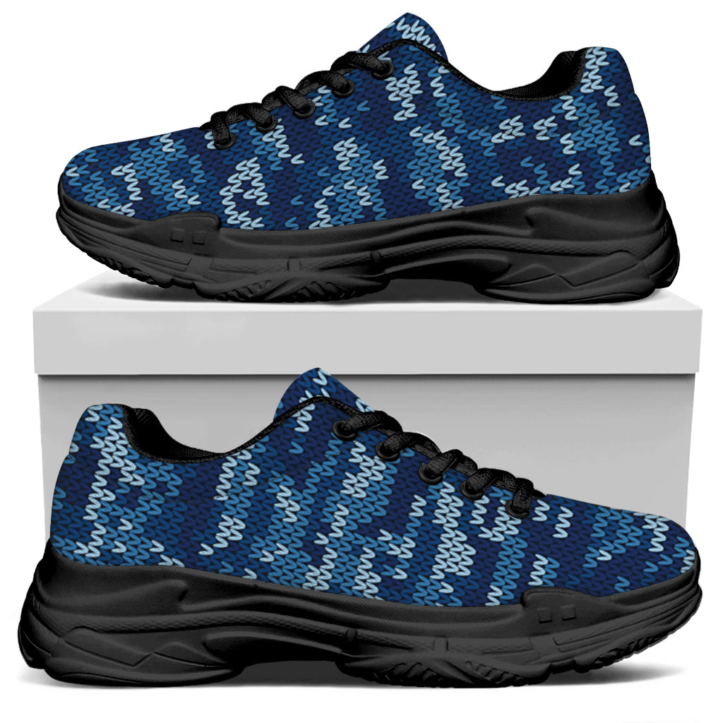 Blue Camouflage Knitted Pattern Print Black Chunky Shoes