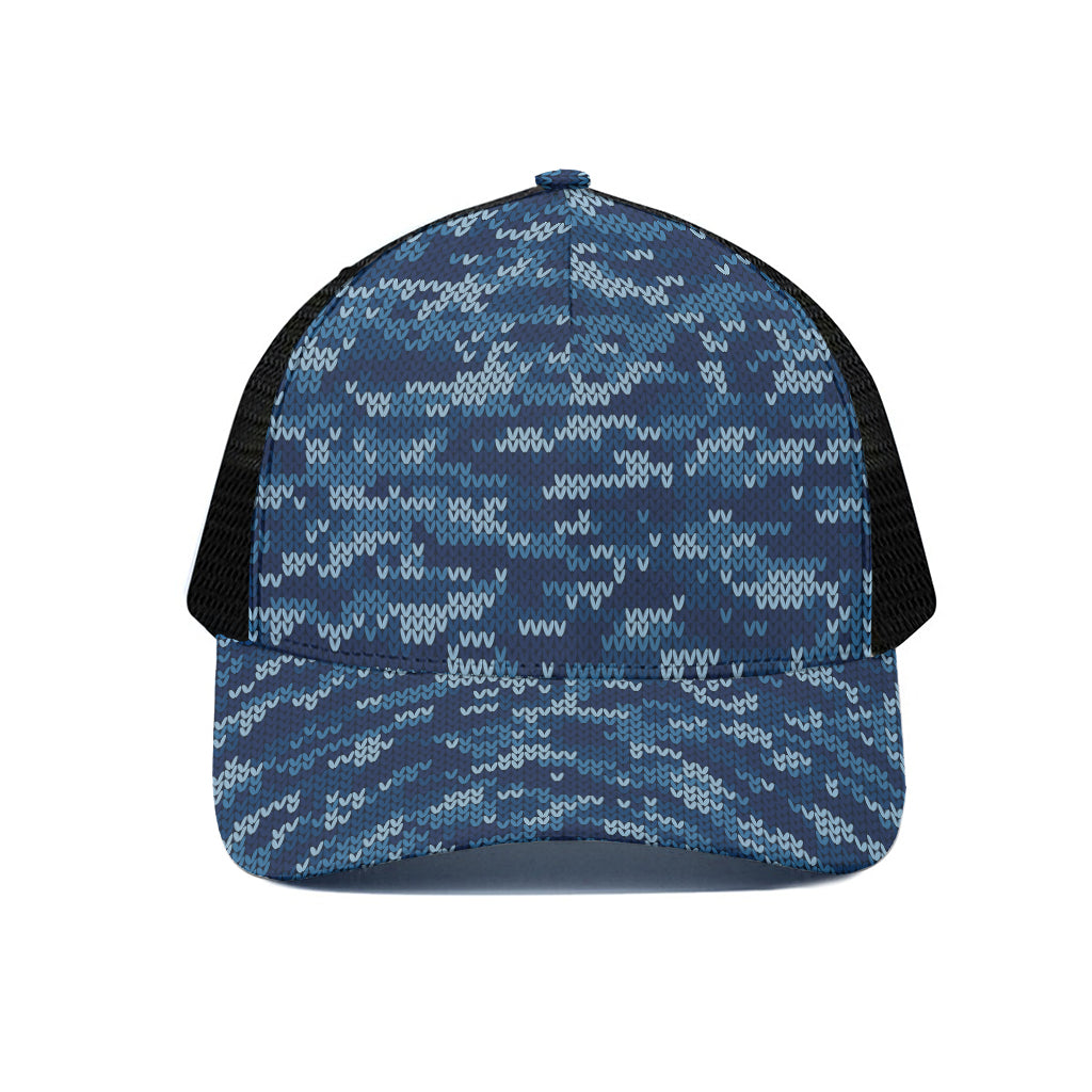 Blue Camouflage Knitted Pattern Print Black Mesh Trucker Cap
