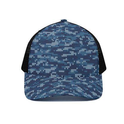 Blue Camouflage Knitted Pattern Print Black Mesh Trucker Cap