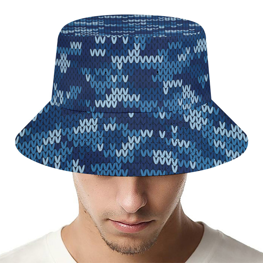 Blue Camouflage Knitted Pattern Print Bucket Hat