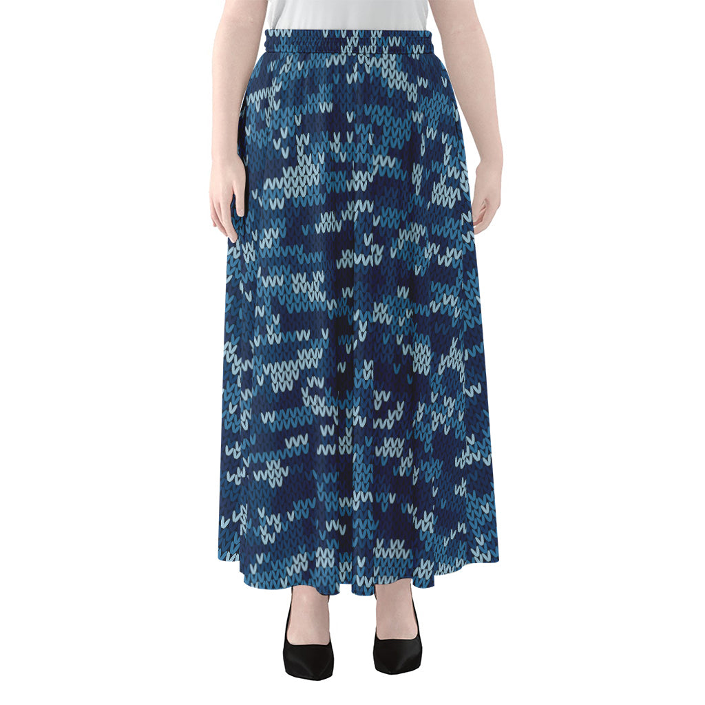Blue Camouflage Knitted Pattern Print Chiffon Maxi Skirt