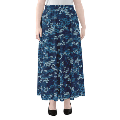 Blue Camouflage Knitted Pattern Print Chiffon Maxi Skirt