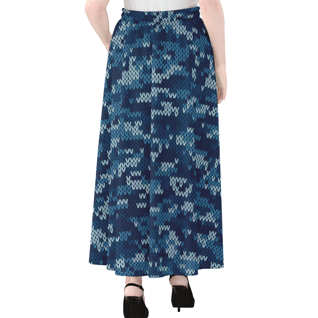 Blue Camouflage Knitted Pattern Print Chiffon Maxi Skirt
