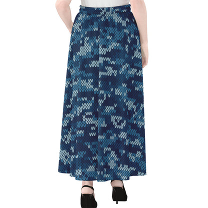 Blue Camouflage Knitted Pattern Print Chiffon Maxi Skirt