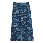 Blue Camouflage Knitted Pattern Print Cotton Front Slit Maxi Skirt
