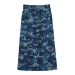 Blue Camouflage Knitted Pattern Print Cotton Front Slit Maxi Skirt