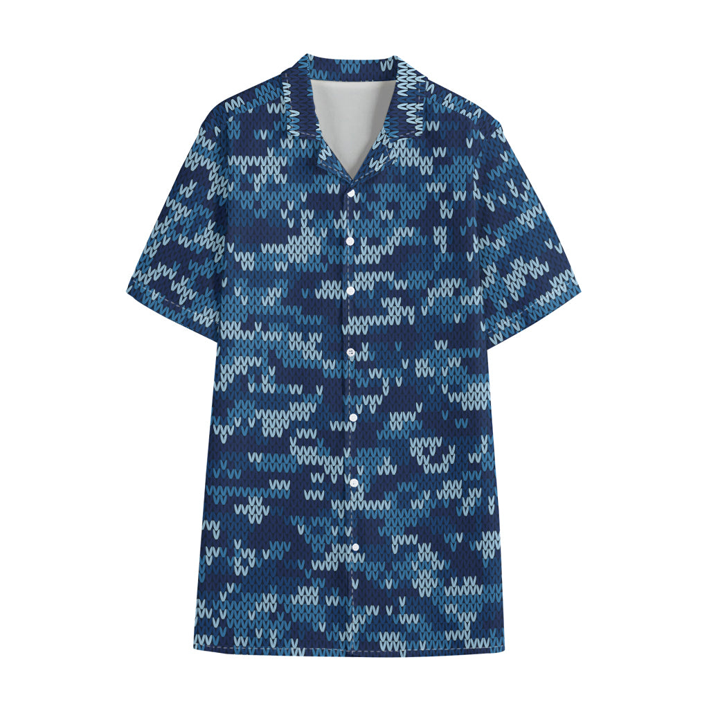 Blue Camouflage Knitted Pattern Print Cotton Hawaiian Shirt