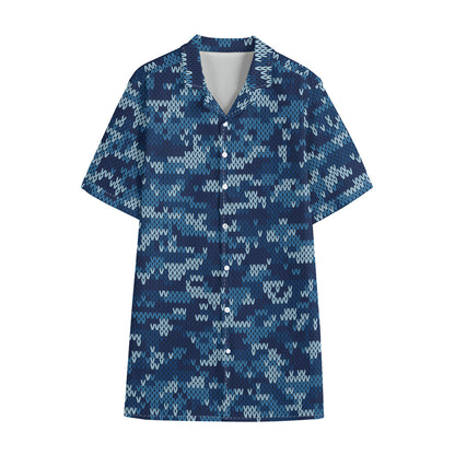 Blue Camouflage Knitted Pattern Print Cotton Hawaiian Shirt