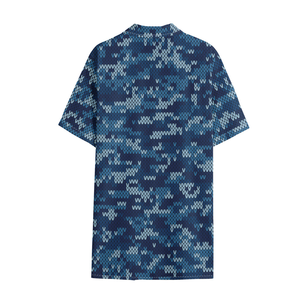 Blue Camouflage Knitted Pattern Print Cotton Hawaiian Shirt