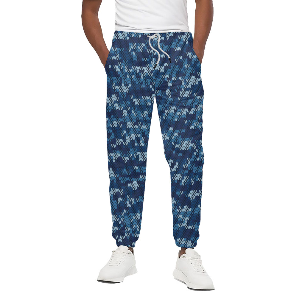 Blue Camouflage Knitted Pattern Print Cotton Pants