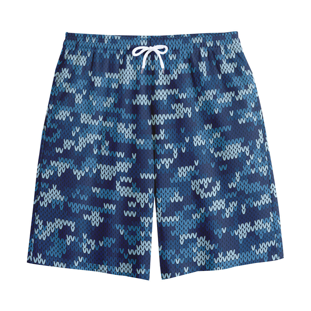 Blue Camouflage Knitted Pattern Print Cotton Shorts