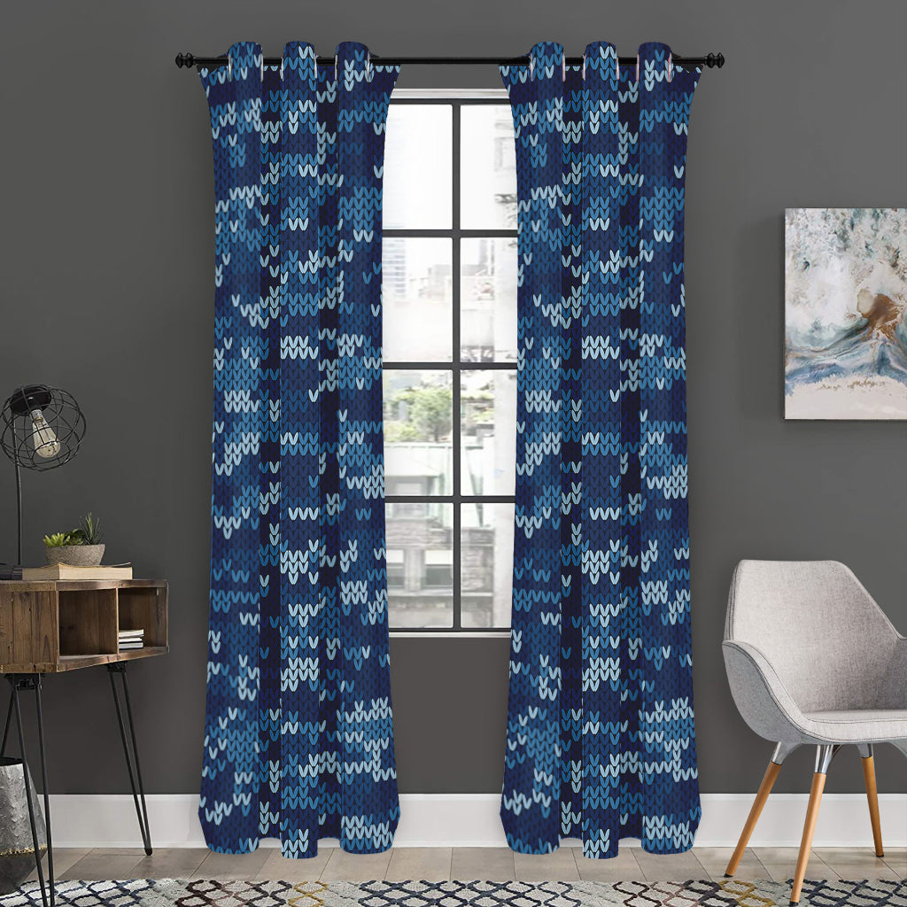 Blue Camouflage Knitted Pattern Print Curtain