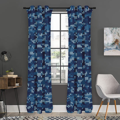 Blue Camouflage Knitted Pattern Print Curtain