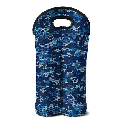 Blue Camouflage Knitted Pattern Print Double Neoprene Wine Tote