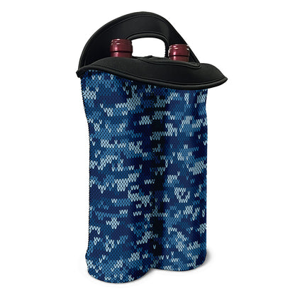 Blue Camouflage Knitted Pattern Print Double Neoprene Wine Tote