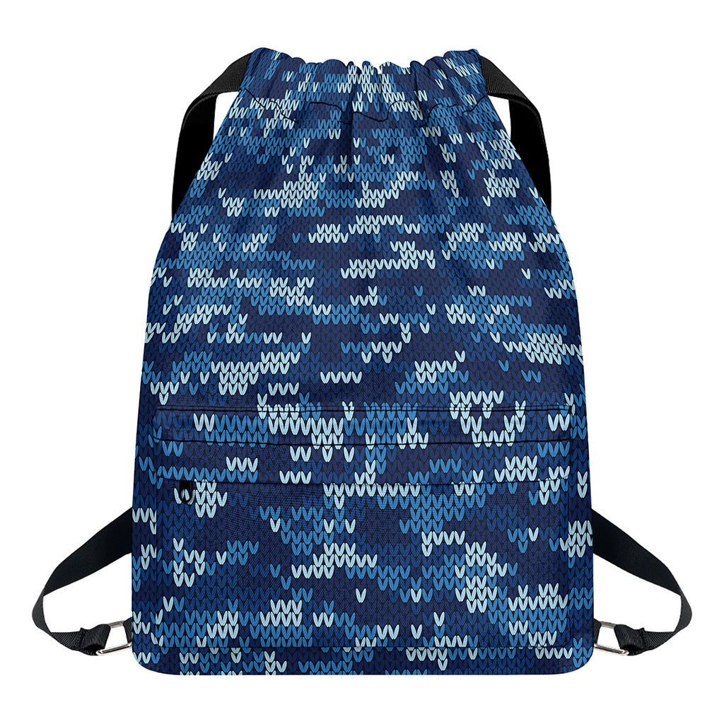 Blue Camouflage Knitted Pattern Print Drawstring Backpack