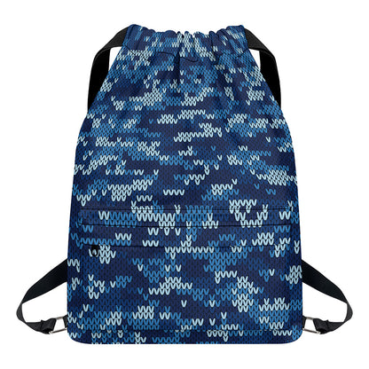 Blue Camouflage Knitted Pattern Print Drawstring Backpack