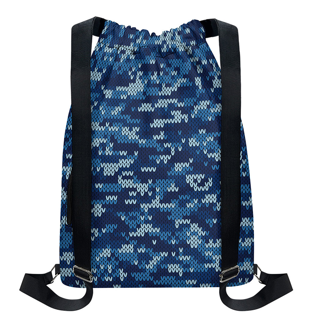 Blue Camouflage Knitted Pattern Print Drawstring Backpack