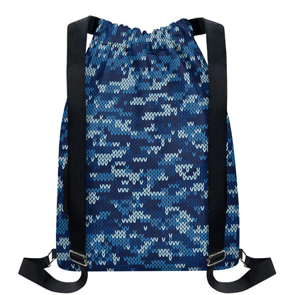 Blue Camouflage Knitted Pattern Print Drawstring Backpack