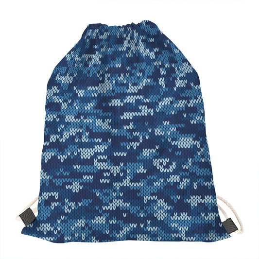 Blue Camouflage Knitted Pattern Print Drawstring Bag