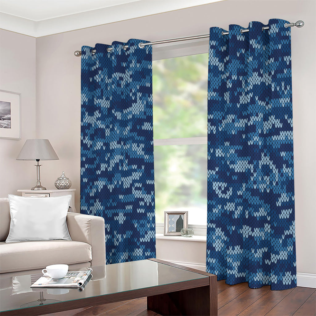 Blue Camouflage Knitted Pattern Print Extra Wide Grommet Curtains