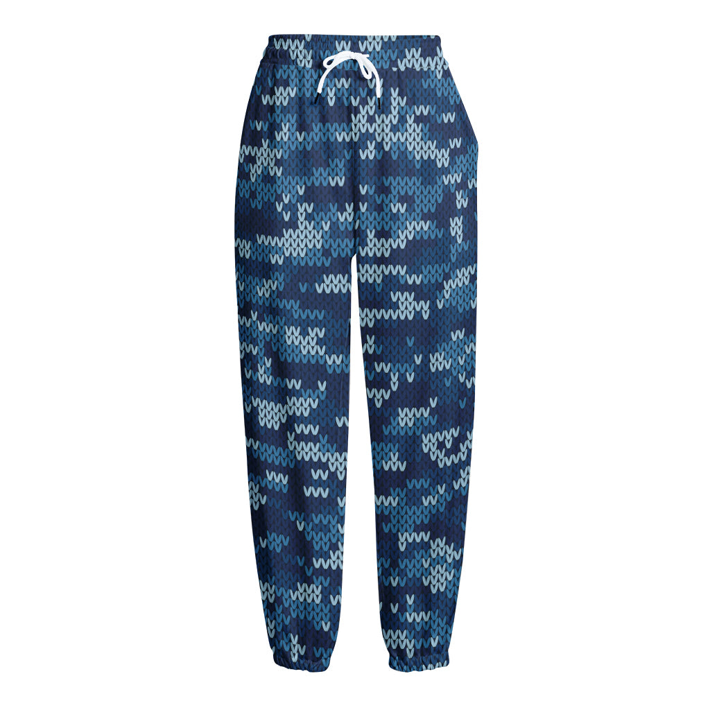Blue Camouflage Knitted Pattern Print Fleece Lined Knit Pants