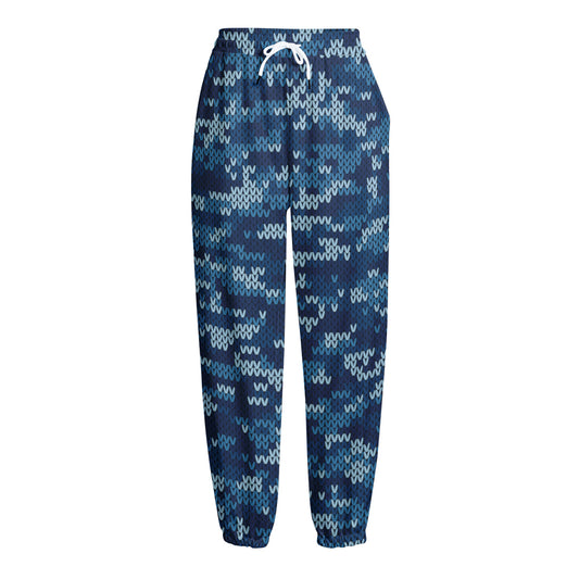 Blue Camouflage Knitted Pattern Print Fleece Lined Knit Pants