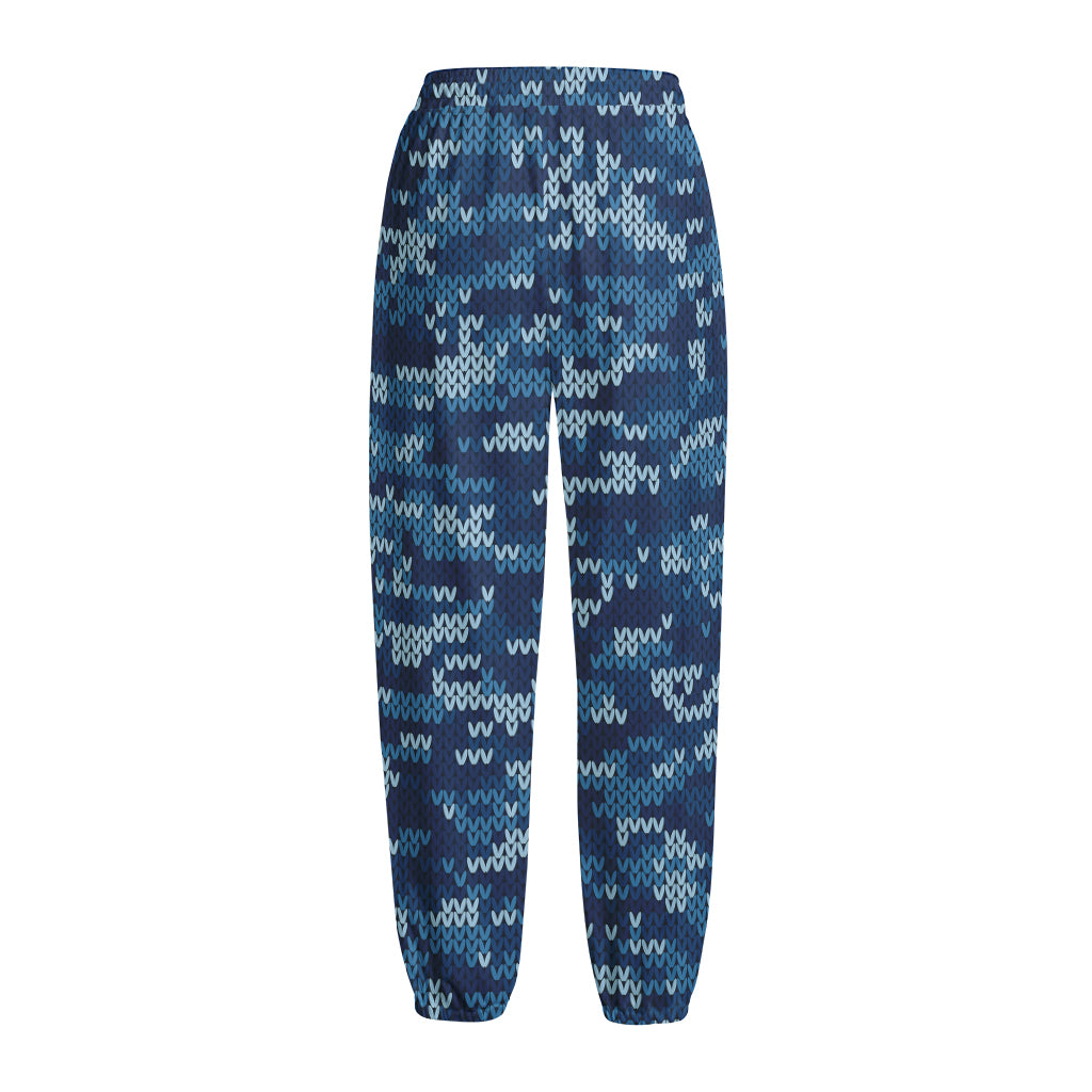 Blue Camouflage Knitted Pattern Print Fleece Lined Knit Pants