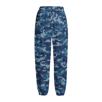 Blue Camouflage Knitted Pattern Print Fleece Lined Knit Pants