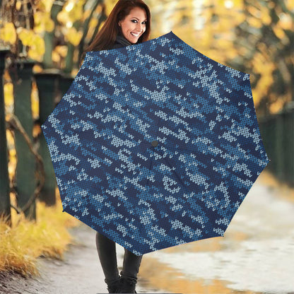 Blue Camouflage Knitted Pattern Print Foldable Umbrella