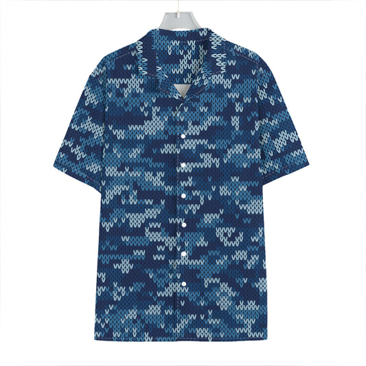 Blue Camouflage Knitted Pattern Print Hawaiian Shirt