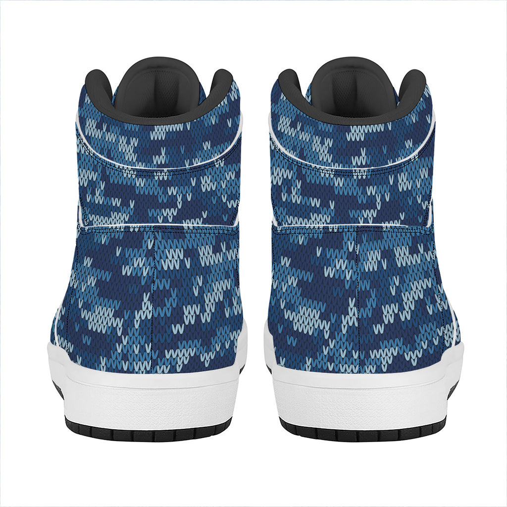 Blue Camouflage Knitted Pattern Print High Top Leather Sneakers