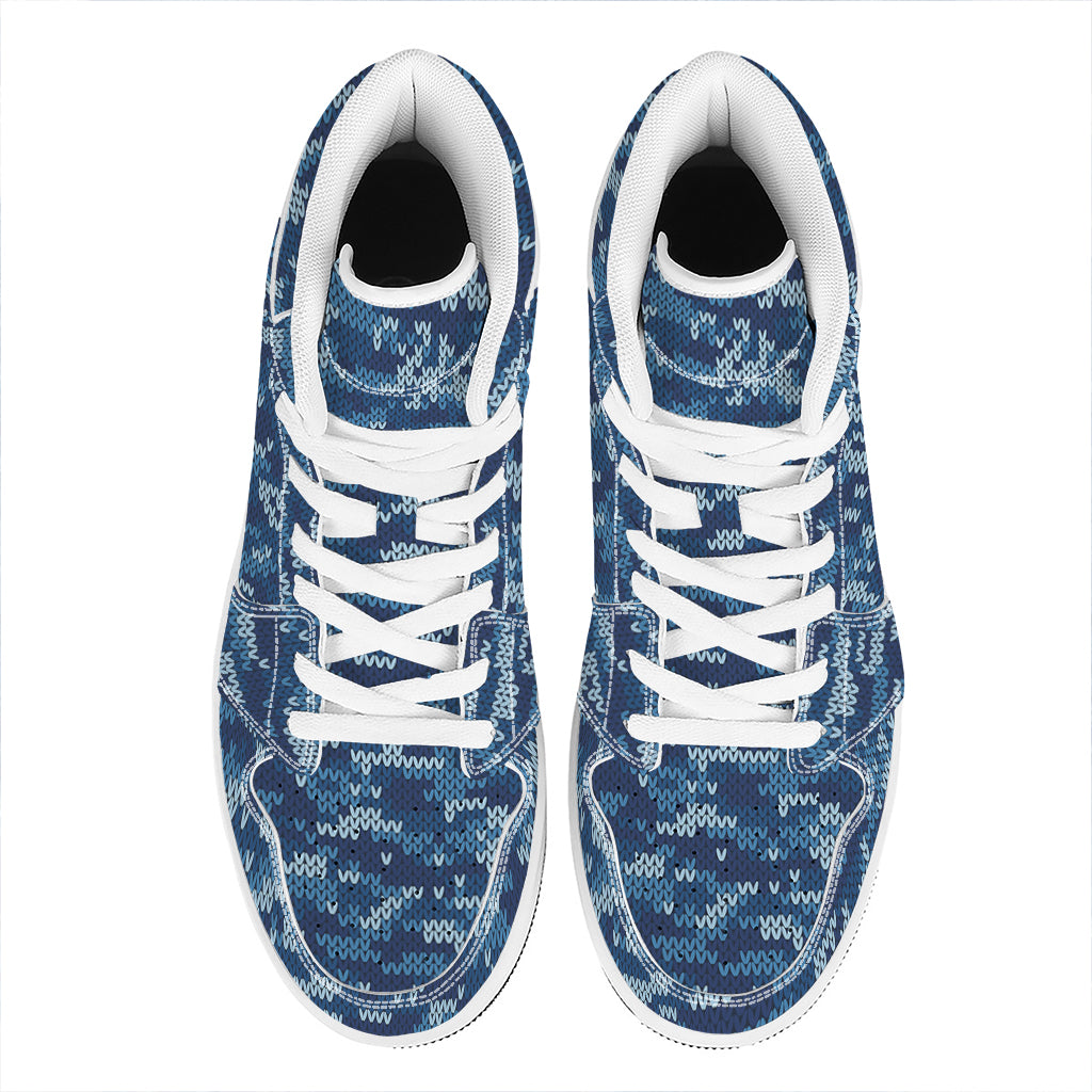 Blue Camouflage Knitted Pattern Print High Top Leather Sneakers