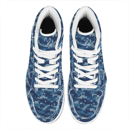Blue Camouflage Knitted Pattern Print High Top Leather Sneakers
