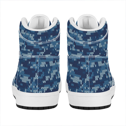 Blue Camouflage Knitted Pattern Print High Top Leather Sneakers