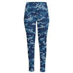 Blue Camouflage Knitted Pattern Print High-Waisted Pocket Leggings