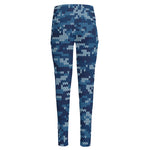 Blue Camouflage Knitted Pattern Print High-Waisted Pocket Leggings
