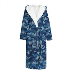 Blue Camouflage Knitted Pattern Print Hooded Bathrobe