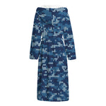 Blue Camouflage Knitted Pattern Print Hooded Bathrobe