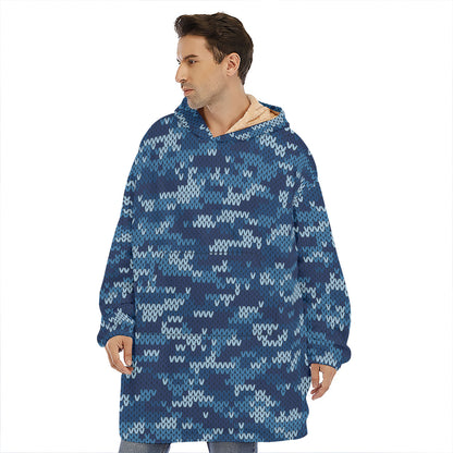 Blue Camouflage Knitted Pattern Print Hoodie Blanket