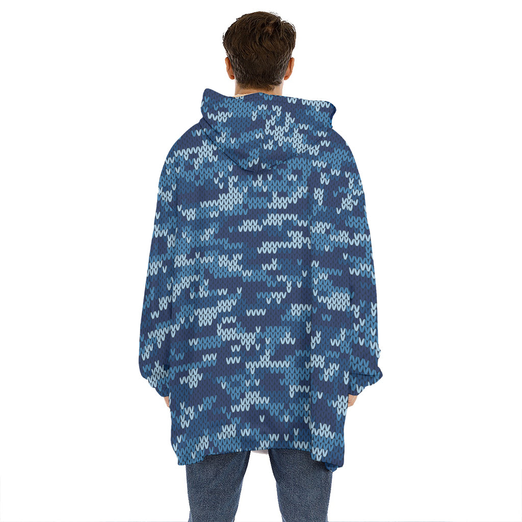 Blue Camouflage Knitted Pattern Print Hoodie Blanket
