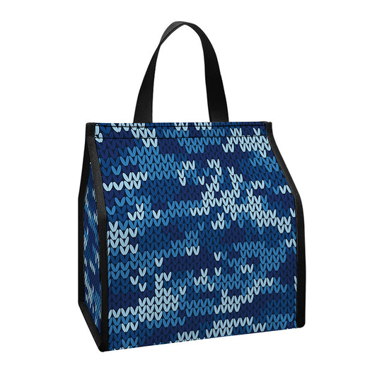 Blue Camouflage Knitted Pattern Print Insulated Lunch Tote